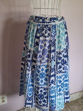 Catherine Malandrino Blue and Teal Botanical Print Midi Skirt